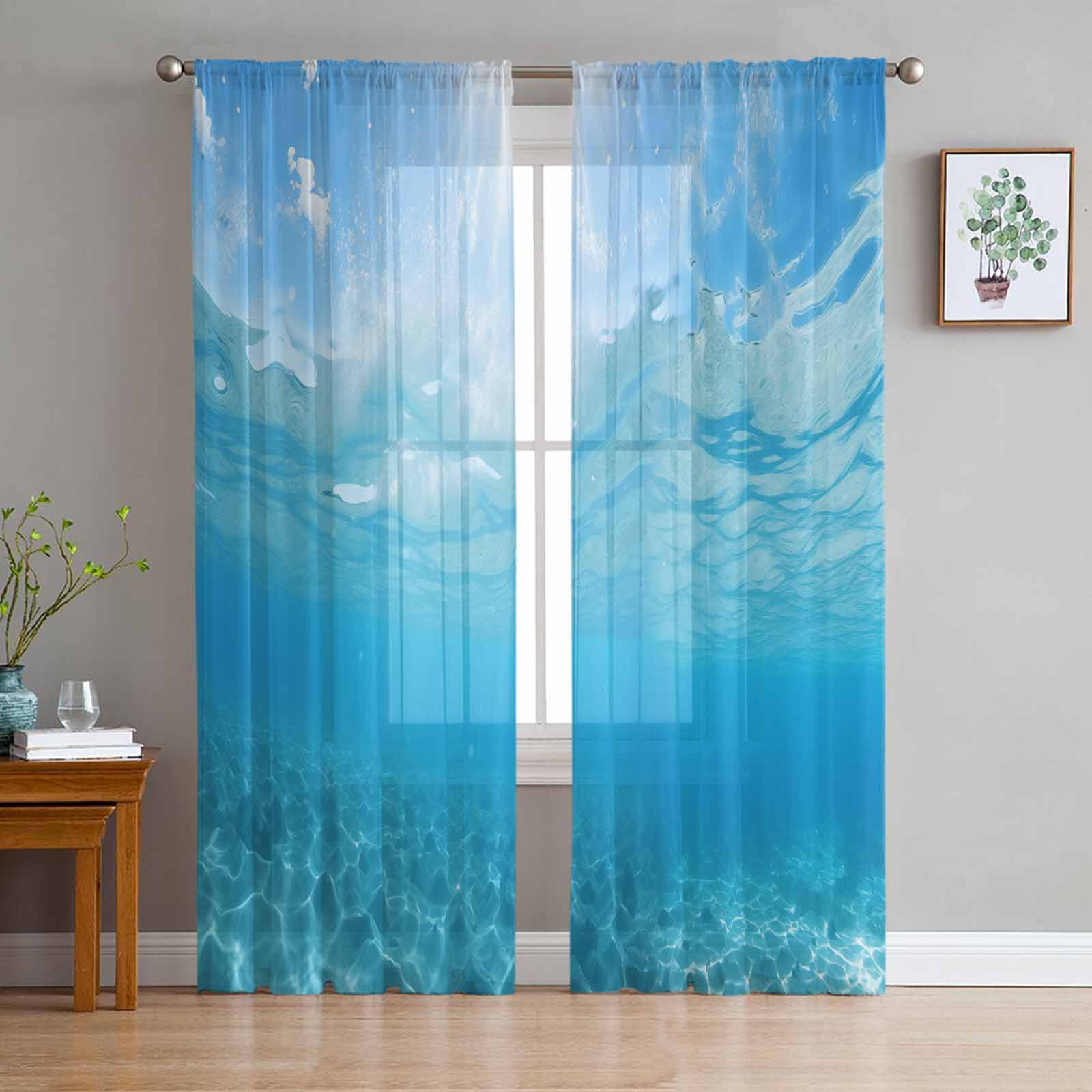 Ocean Summer Wallpaper Sunshine Tulle Window Curtains for Bedroom Luxury Home Decor Drapes in Living Room Chiffon Panels 135W x 114H(cm)