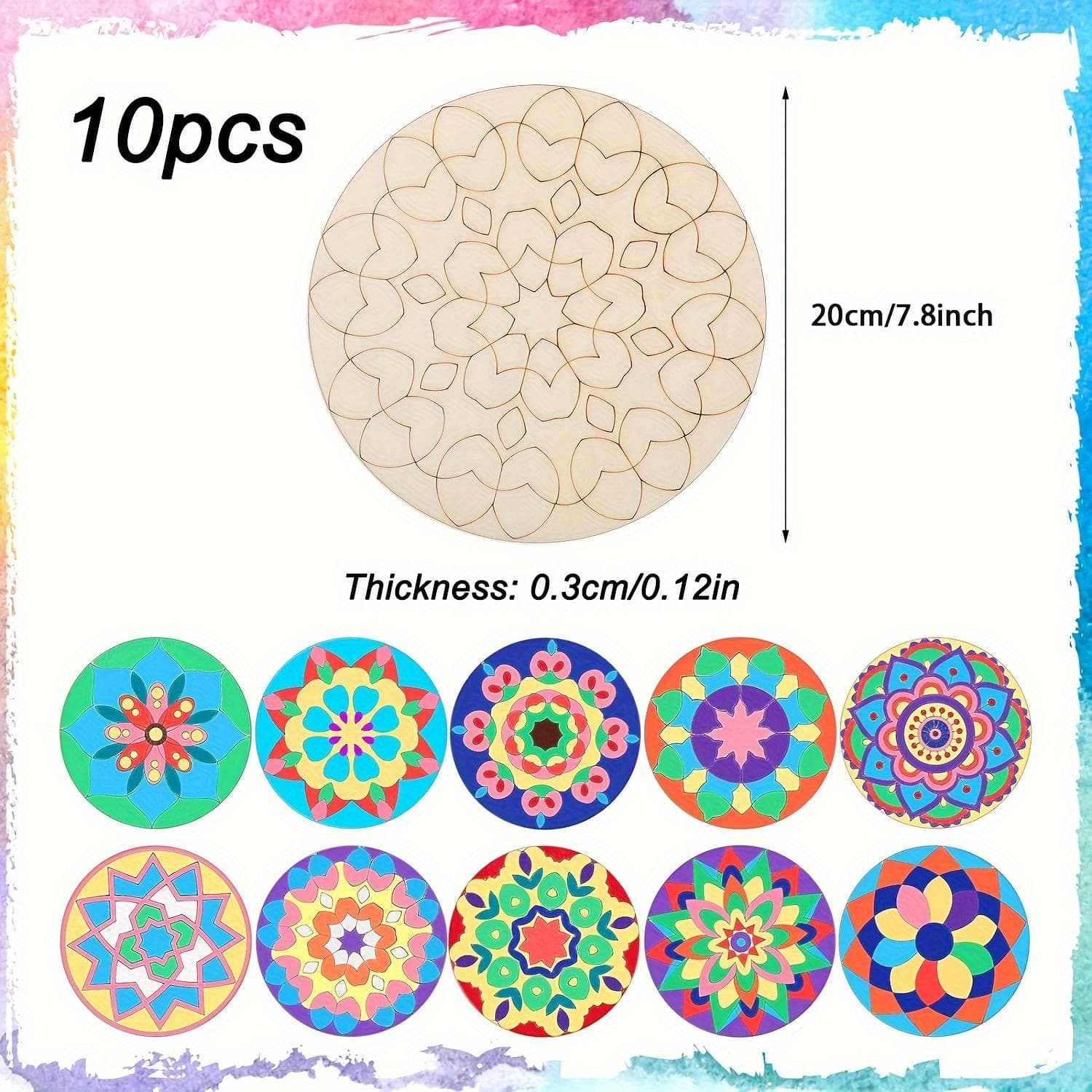 10pcs Mandala Dotting Art Wooden Craft Set, Unfinished Wood Cutouts for DIY Painting, Crafts, and Home Decor with Artistic Designs 10pcs