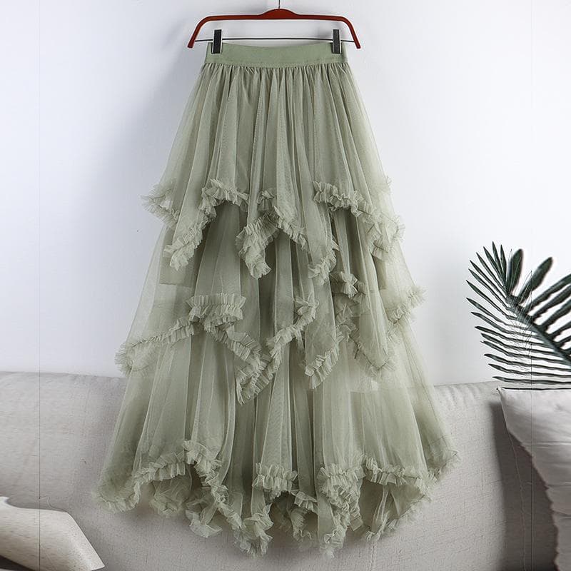 2026 Spring-Summer Women's High-Waisted Irregular Mesh Ruffle Layered Long Skirt One Size green