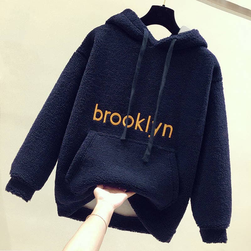 Thick Sweatshirt Women's Fashion Loose Fleece Top Pocket Casual Pullover L navy blue