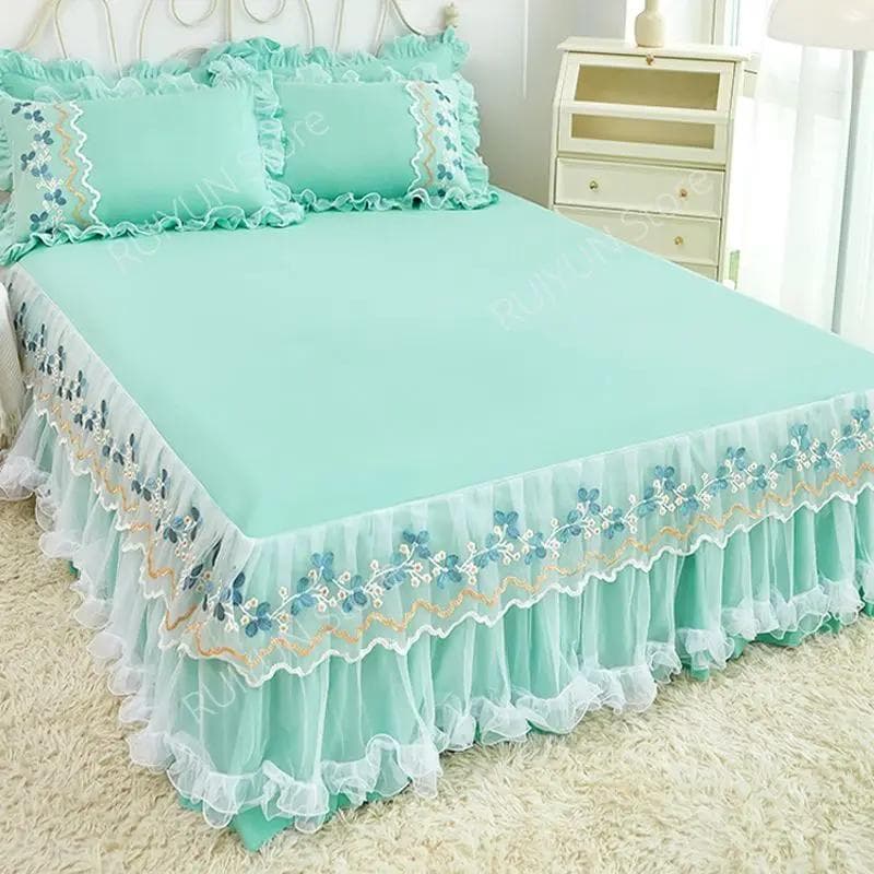 Flower Embroidered Lace Bed Skirt Princess Ruffled Bed Skirt Non-slip Mattress Cover Protector Bedsheet Home Bed Cover Bedspread 1pc Skirt 120x200cm