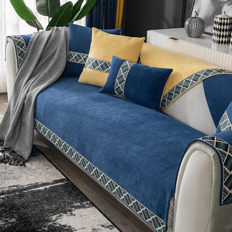 High Grade Fabric Blue Sofa Covers Plain Geometry Anti-slip Couch Covers Embroidery Sofa Towel ArmChair Cushion Spring Summer 90x160cm 1pcs