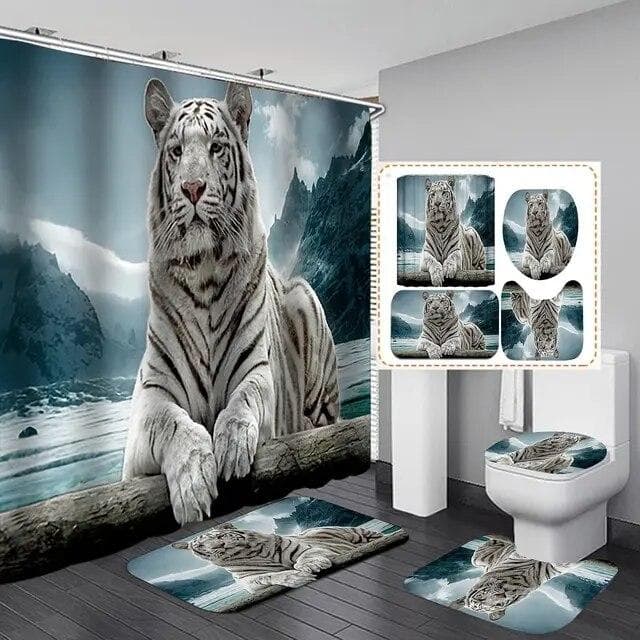 Black Tiger Animals Printed Shower Curtain Set Bathroom Bathing Screen Anti-slip Toilet Lid Cover Carpet Rugs Kitchen Home Decor 4Pcs