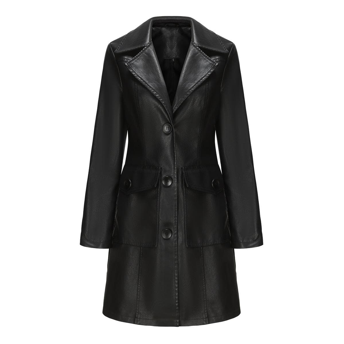 New Long Leather Coat, Spring and Autumn Long-sleeved Leather Windbreaker, Fashionable British Coat for Women, Single-breasted Lapel 2XL