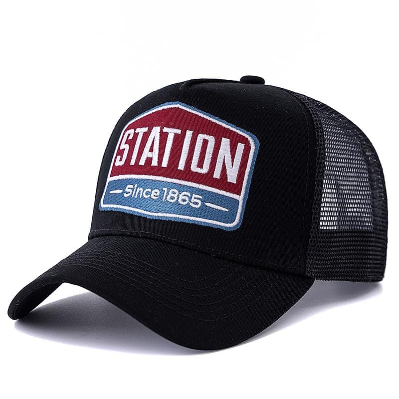Hot Sale Unisex Baseball Cap Classic STATION Letter Pattern Mesh Cap Men And Women Breathable Streetwear Summer Trucker Hat 56cm-60cm black