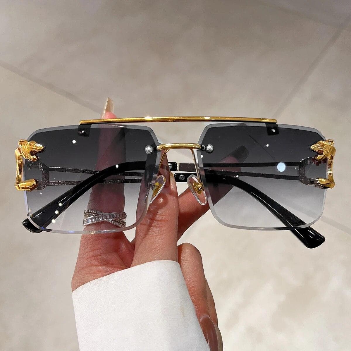 Vintage Rimless Sunglasses Men Women Fashion Oversized Square Shades Eyewear New Double Bridge Gradient UV400 Sun Glasses golden grey