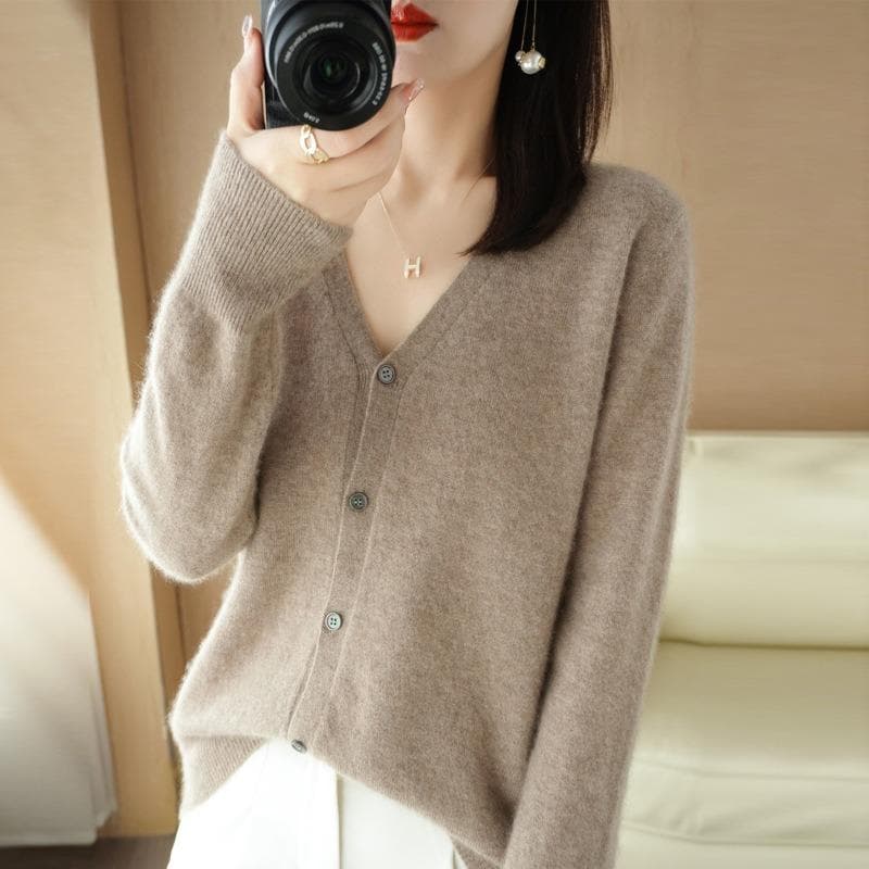 Spring and Autumn Women's Cardigan Jacket V-neck Knitted Cardigan Short Loose Peplum Sweater Thread Sweater XL camel