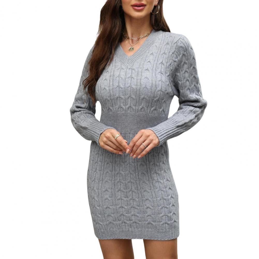 V-neck Sweater Dress Elegant V Neck Knitted Mini Dress for Fall Winter Office Parties Slim Fit Sheath Style with Twisted Texture M grey