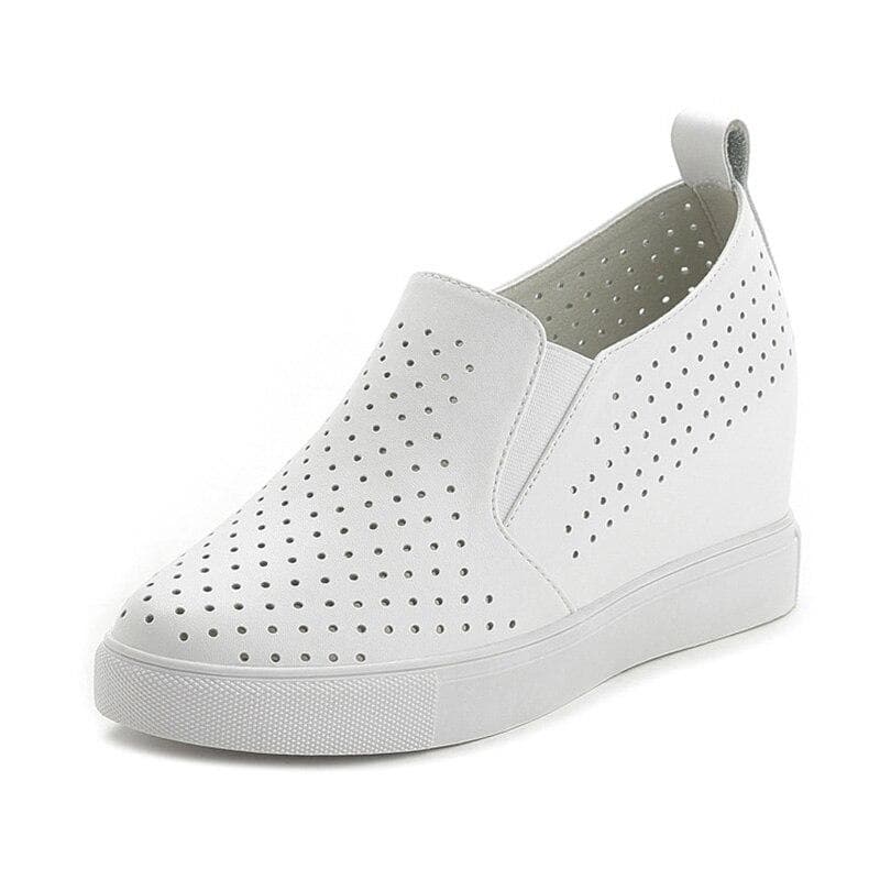 100% Genuine Leather Shoes Women Sneakers Woman Height Increasing Shoes Summer Holes Flat Platform White Shoes 38 white