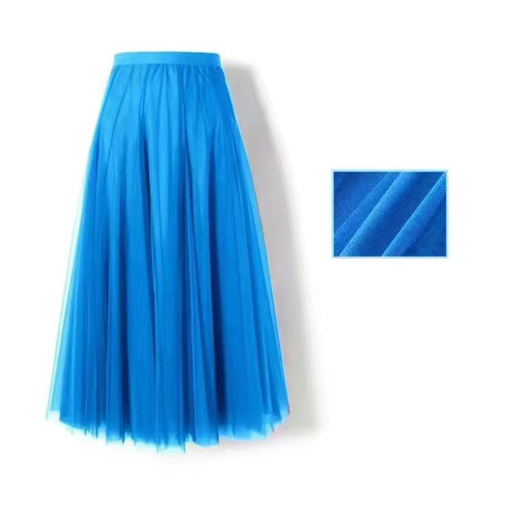 New Women Mesh Elastic Tutu Skirt Beach Spring Summer Korean High Waist Fashion Pleated Long Skirt Black White Tulle Skirts 85cm sky blue