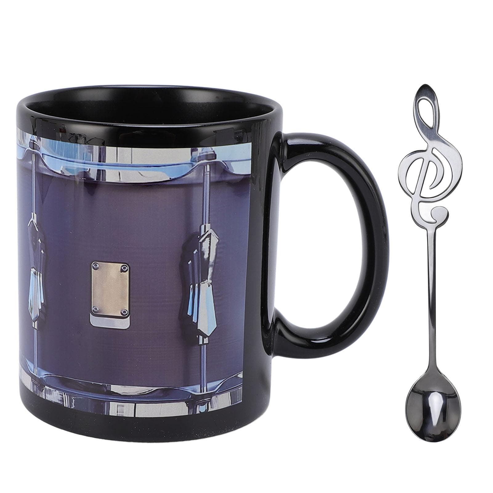 Vintage Mug Funny Drum Pattern Ceramic Stainless Steel 11 Oz Coffee Cup with Spoon for Cold Hot Black