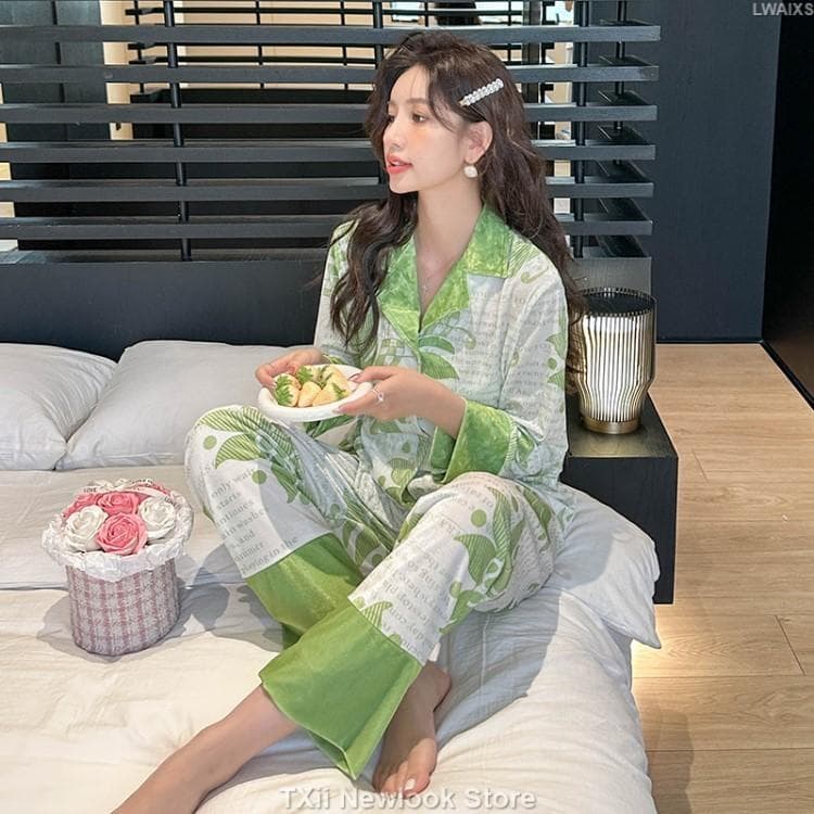 Green Flower LoosePajamas Suit New Spring Autumn Lapel Home Clothes Printed Comfortable Korean Style Ins Women's Set XL