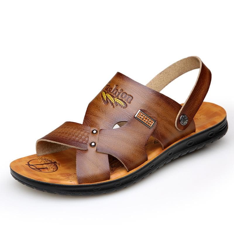 Men's Summer Sandals Leather Comfortable Slip-on Casual Sandals Fashion Men Slippers 43 khaki