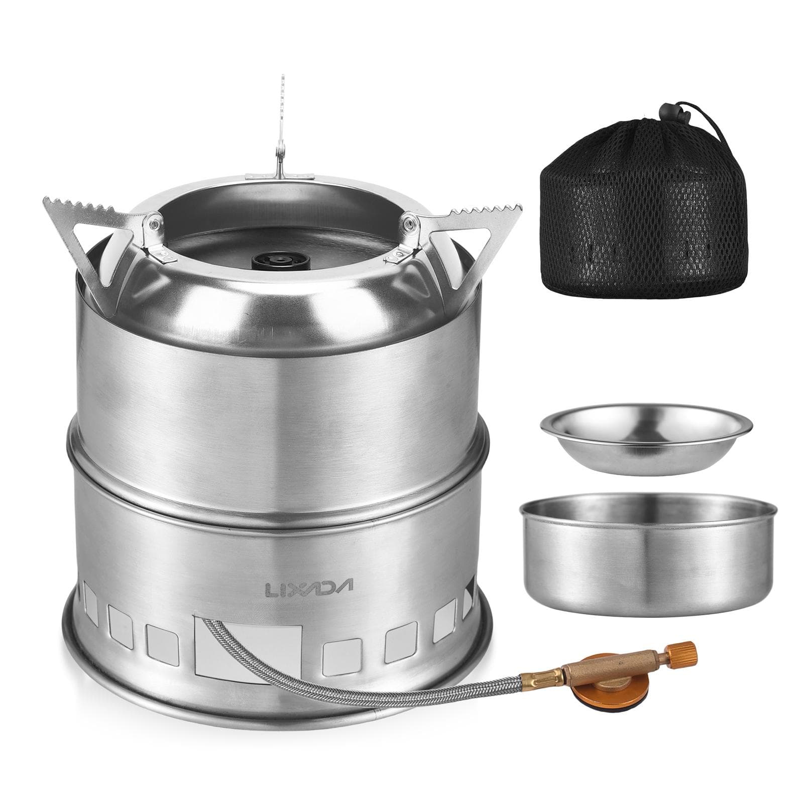 Camping Stove 3in1 Portable Stainless Steel Lightweight Wood Gas Solid Fuel Stoves for Outdoor