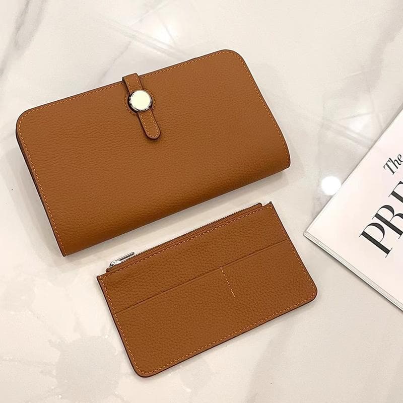 Luxury Genuine Leather Women Wallets Long Cowhide Purse High Capacity Gold-tone Hasp Clutch Bag Brand Design Ladies Billfold brown