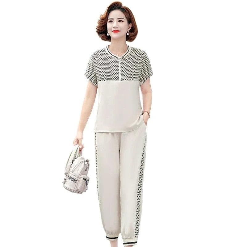 5XL Summer Two Piece Sets Women's Outifits Short-Sleeved Middle-Aged Mother Clothes Elderly Grandma Casual Sports Pant Suits XXL beige