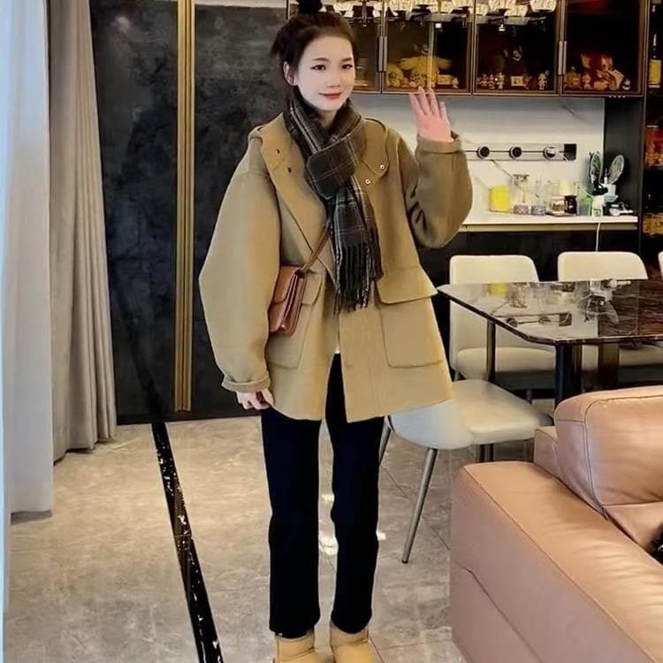 Small Mid-length Camel Hooded Woolen Coat for Women In Autumn and Winter 2XL