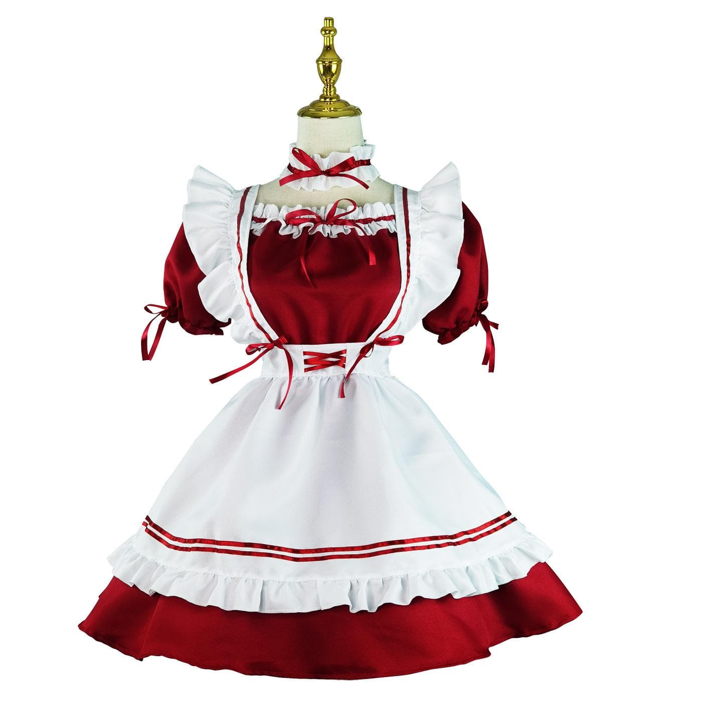 New Women's Fashion Maid Outfit Dress Cosplay Costume Bowknot Cute Doll Collar Lolita Dresses Short Sleeve Vestidos Lolita Robe Ball Gown Costume S wine red