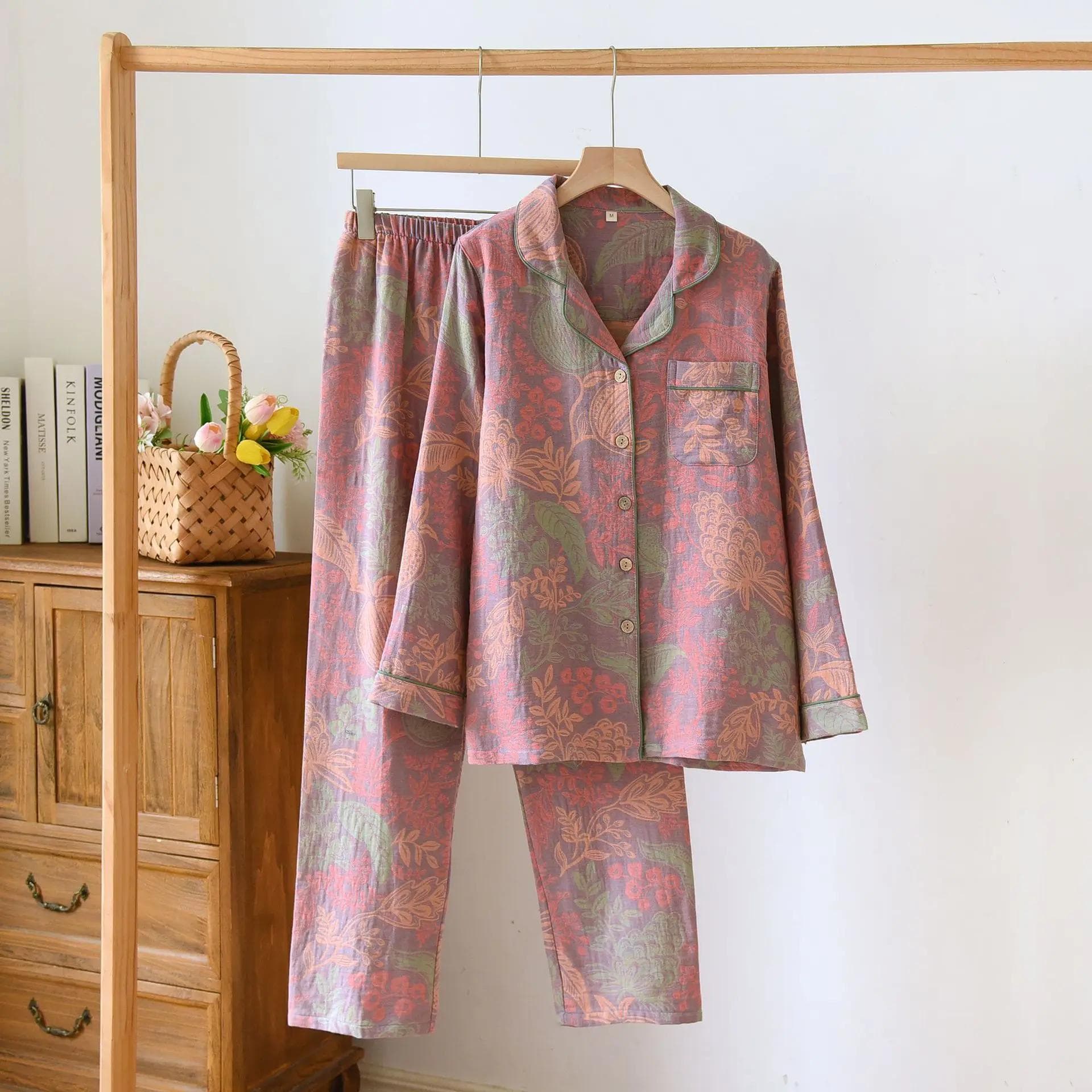 Color Woven Cotton Women's Home Clothes Retro Style Long Sleeve Long Trousers 2 Pcs Pajamas Thin Pijamas Women Clothing Set XL purple