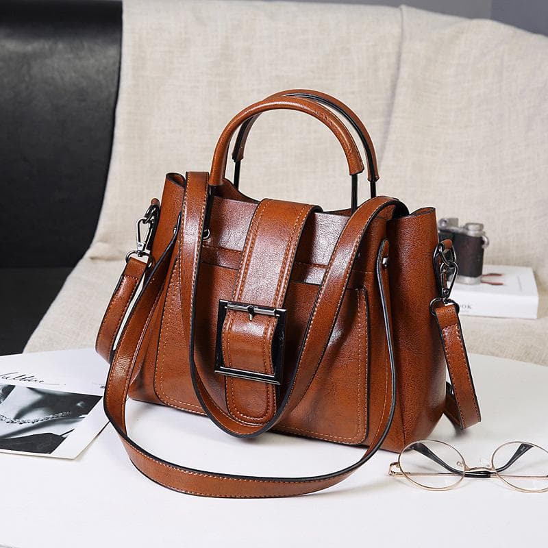 Fashion Large Capacity Women's Spring and Summer Easy To Match Vintage Oil Wax Leather Shoulder Bag Oblique Span Bag brown