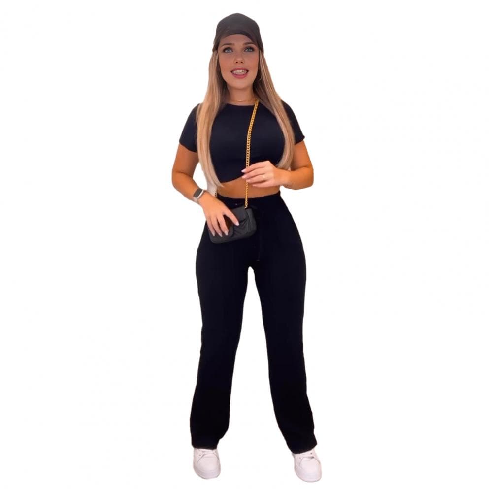 2 Pcs/Set Women Crop Top Pants Set Short Sleeves O Neck Slim Fit Top High Waist Slim Fit Trousers Tracksuit Sportwwear Pantsuit S black