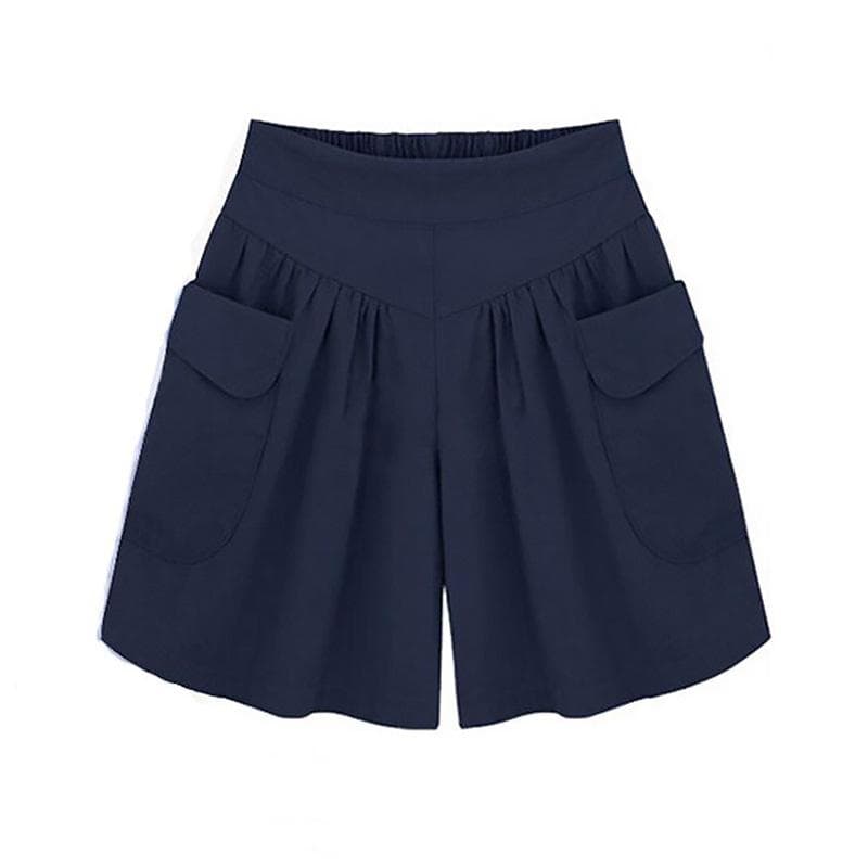 Women Fashion Summer Loose Casual Shorts Elastic Waist Beach Shorts Solid Color Breathable Wide Legs Pants XXL navy blue