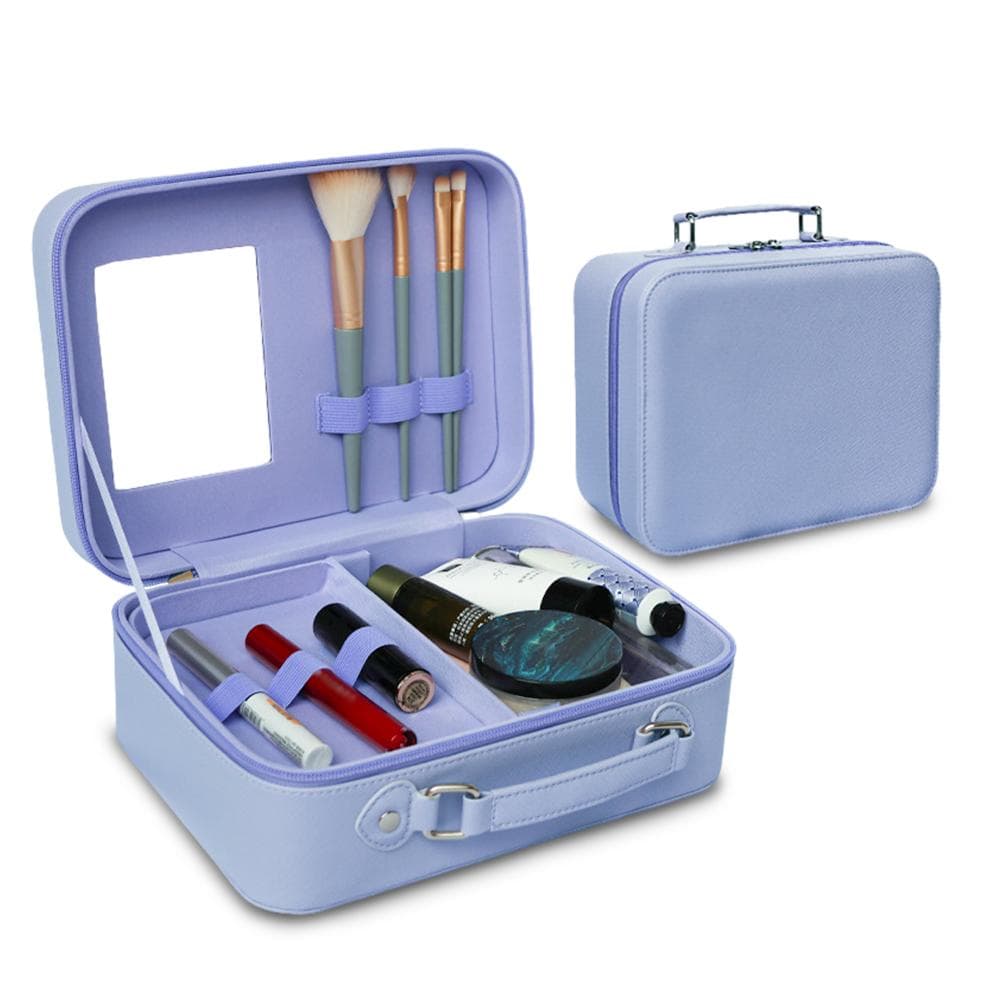 Travel Makeup Case with Mirror - Partitionable Cosmetic Makeup Train Case Waterproof PU Shell purple