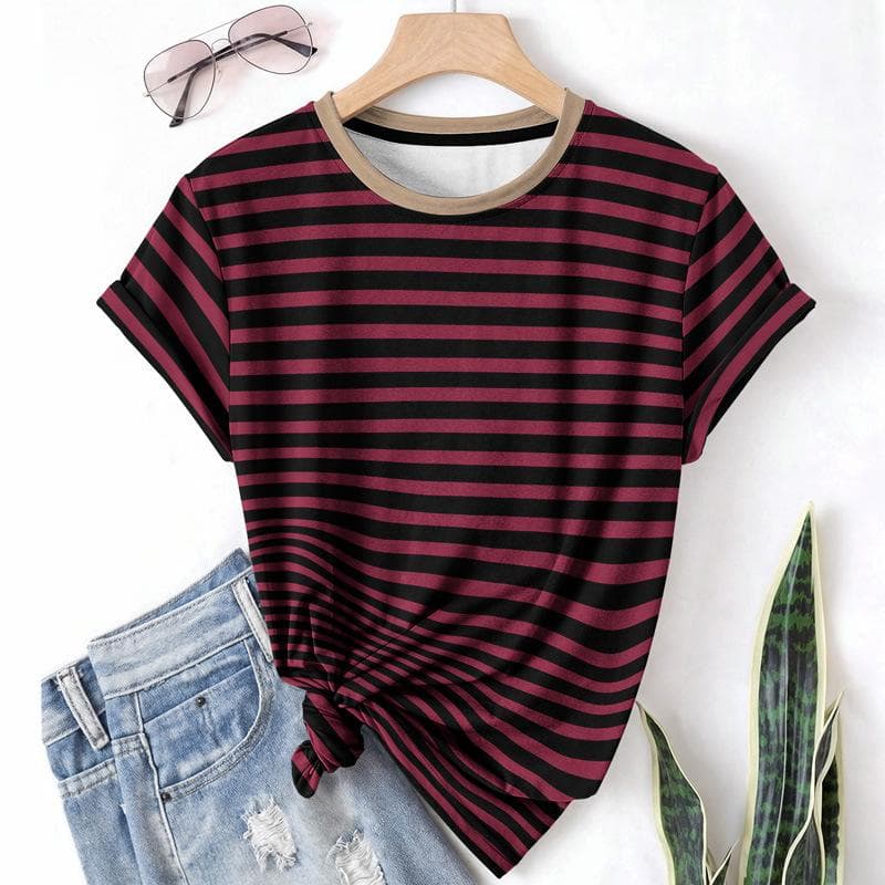Striped Casual Sports Women's T-shirt Summer Round Neck Short Sleeved Element Pattern Checkered Loose Fit T-shirts L