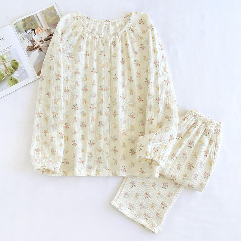 New Spring and Summer Women's Pajamas Set 100% Cotton Crepe Long-sleeved Trousers Round-neck Cardigan Two-piece Set Fresh Home M