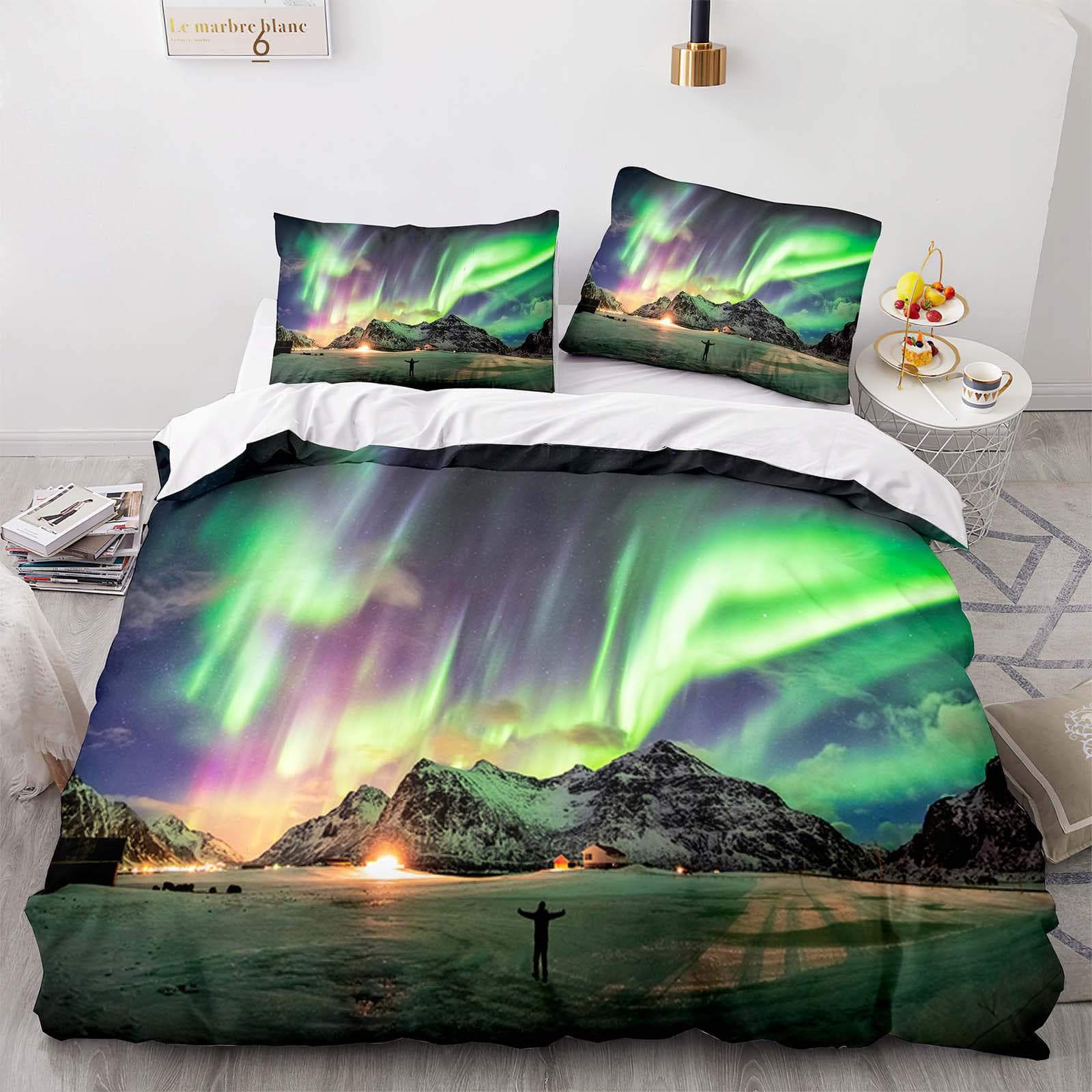 Mountain Aurora Bedding Set Romantic Galaxy Landscape Bedclothes Single Double Queen Twin Full Size Duvet Cover Women Bed Linen US King(264x228cm)