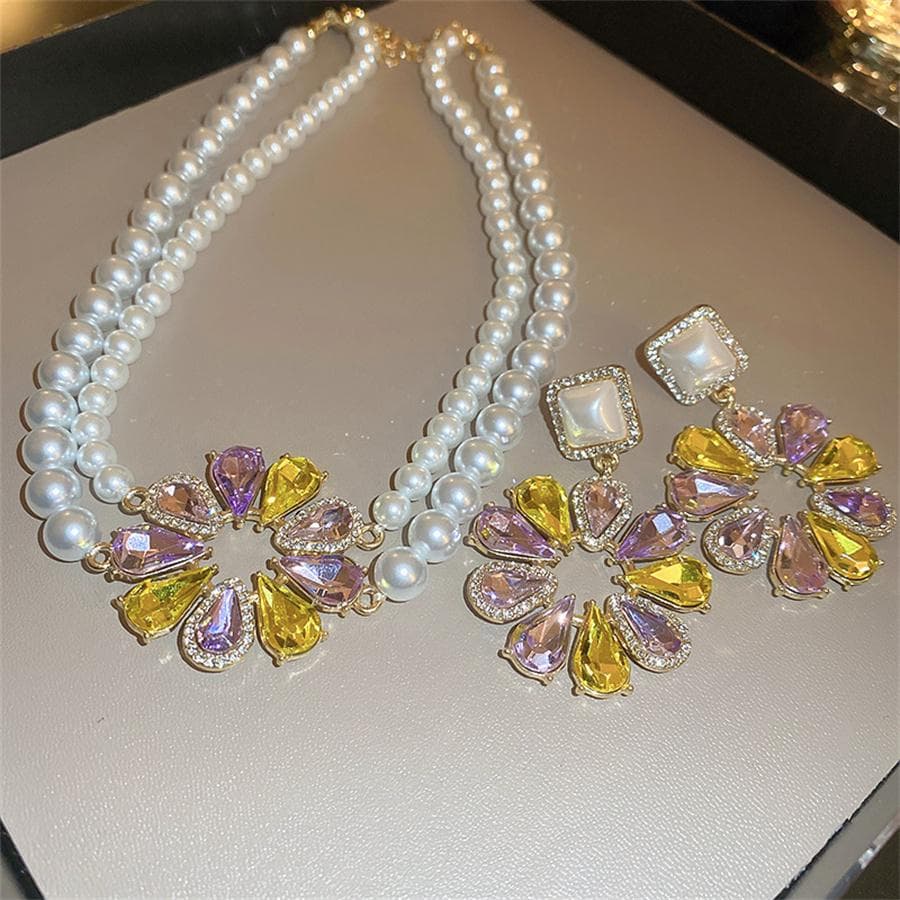 Simulation Pearl Necklace Earrings Set For Women Sweet Sunflower Crystal Earrings Weddings Banquet Jewelry Sets