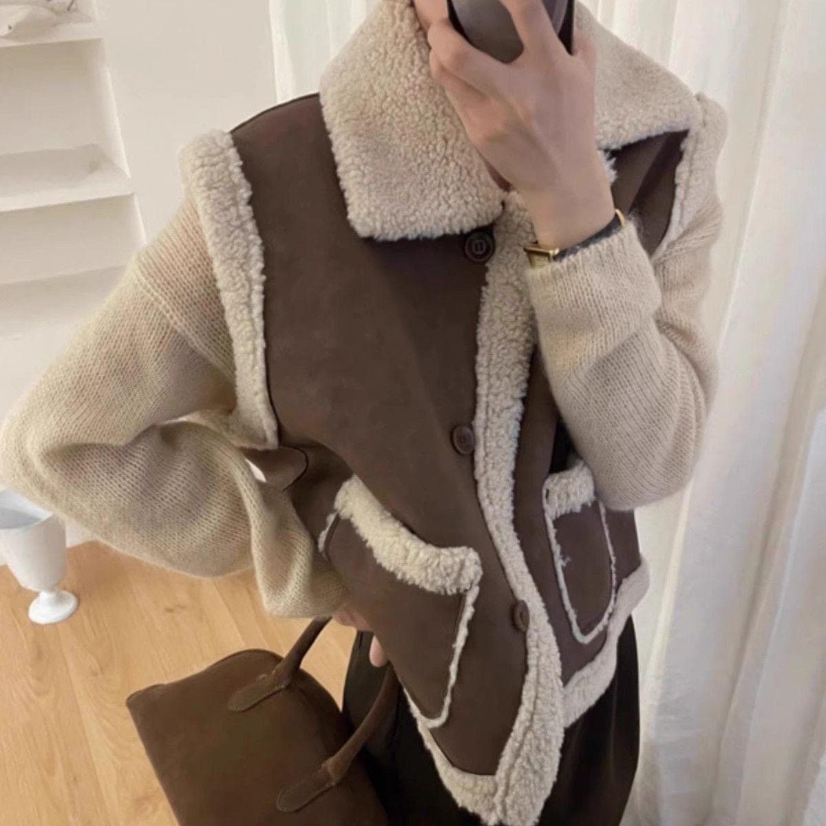 Autumn and winter casual thickened sleeveless vest lapel jacket Korean suede lamb wool vest women L