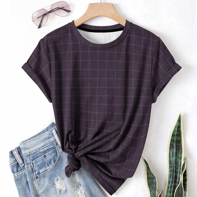 Striped Casual Sports Women's T-shirt Summer Round Neck Short Sleeved Element Pattern Checkered Loose Fit T-shirts L