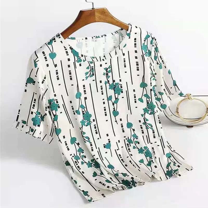 Ice Silk T-shirt Women's Summer Fashion Large Size Printing Short-sleeved Round Neck Loose Mother's Top Everyday Casual Wear M green