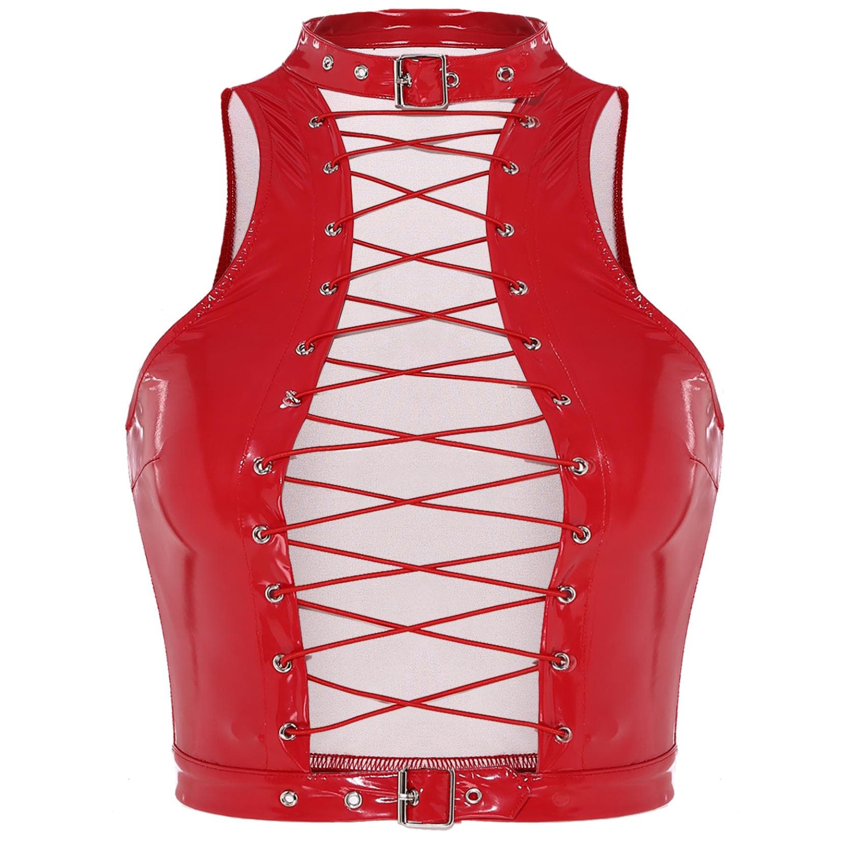 Women's Wet Look Sleeveless Bustier Gothic Punk Rave Dance Party Clubwear 4XL red