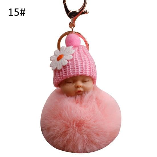 VANA Shop Cute Sleeping Baby Fluffy Pompom Plush Doll Hanging Pendant Key Ring Keychain one size dark pink