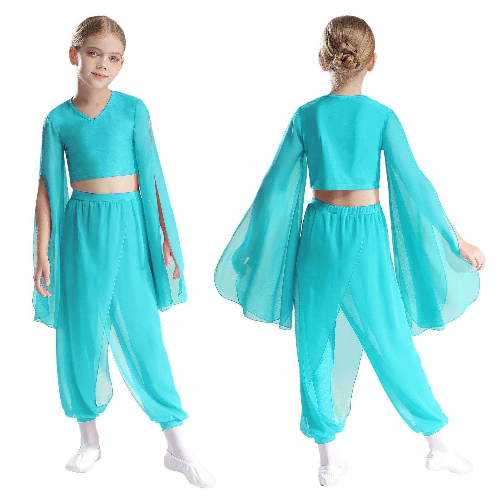 Girls V Neck Crop Top Split Flared Sleeve Dance Outfit with Pants for Classical Performance Practice 13-14 Years turquoise