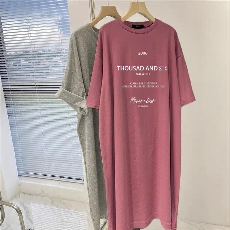 Short-sleeved Dresses Women's Summer Plus Size Medium-length T-shirt Dress Knee-length Casual Long Dress XL plum