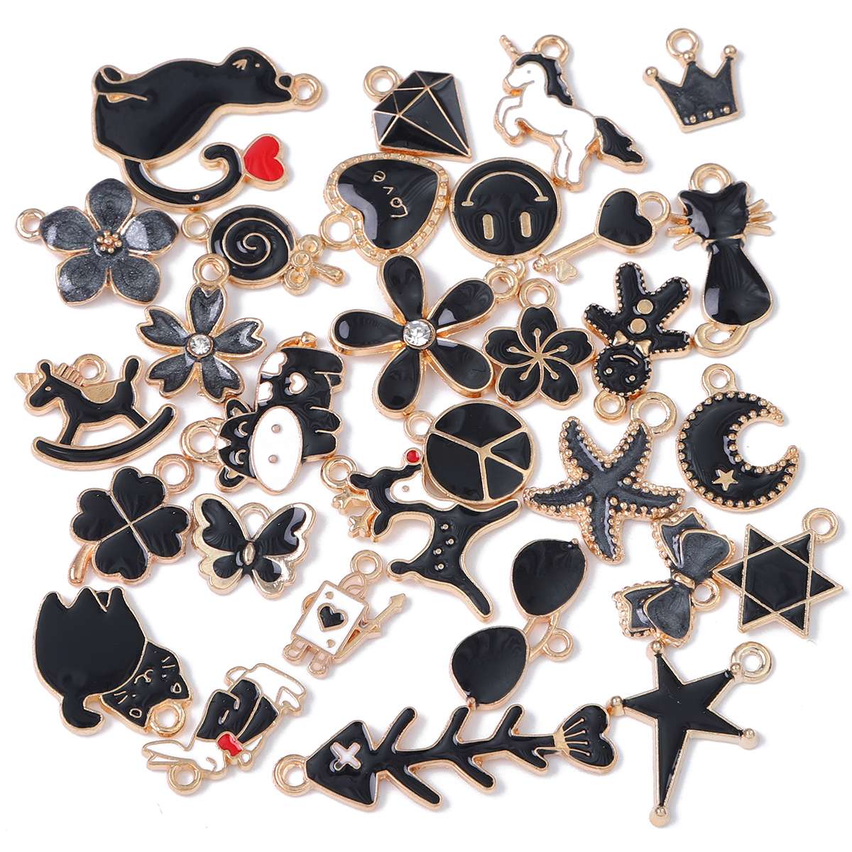 10Pcs Random Mix Alloy Drop Oil Charms Multicolor Animals Flower Pendant Beads For Bracelets Earrings Making DIY Fashion Women Jewelry Findings black