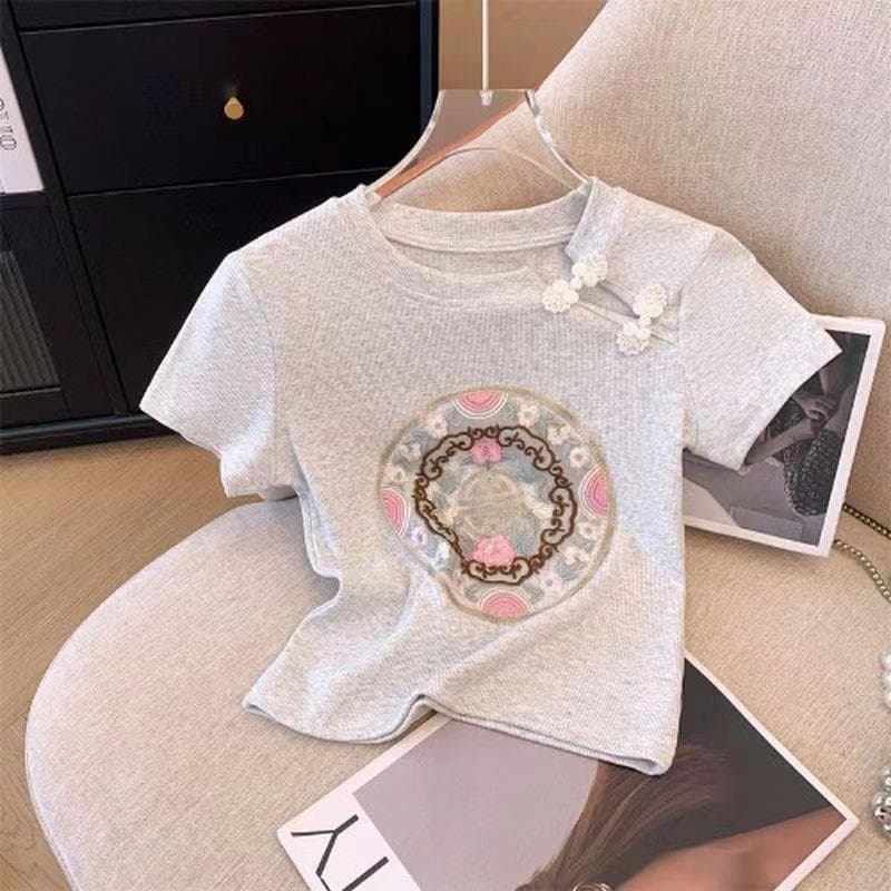Girls' Summer Short-sleeved New Chinese Style Girls' Fashionable T-shirts Children's Summer Chinese Style Tops 120cm