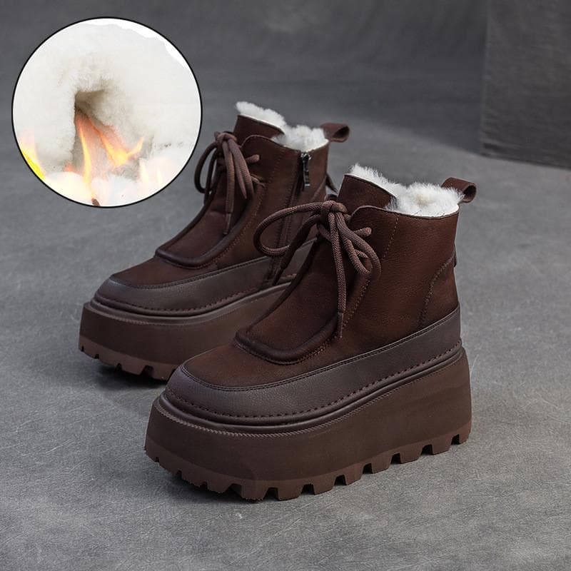 Johnature Wool Warm Genuine Leather Short Boots Vintage Versatile Thick Soled Wedges Women's Shoes 37 coffee