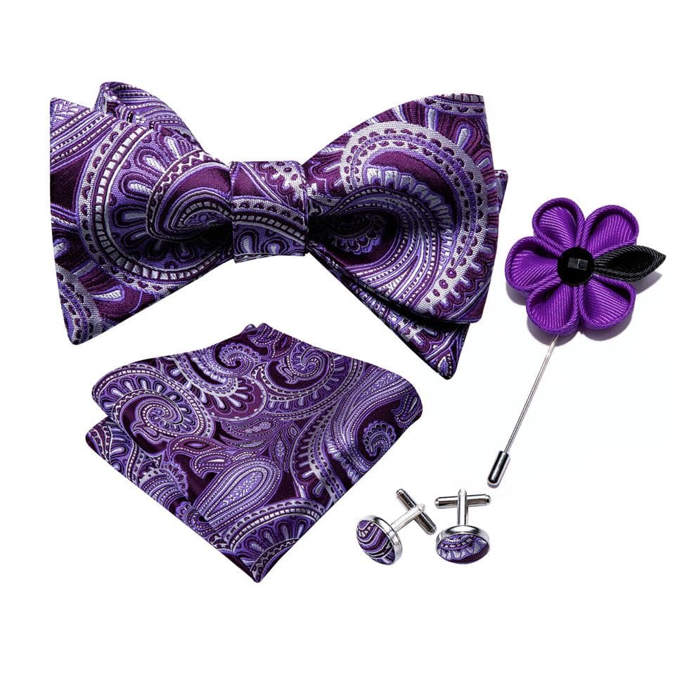 Cool Mens Self Bow Tie Hanky Cufflinks Boutonniere Purple Silk Butterfly Tie Bowtie Wedding Dating LH-1013