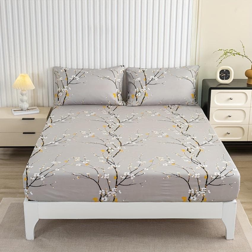 3Pcs Printed Pattern Fitted Sheet Set, (1* Fitted Sheet + 2* Pillowcases, Without Core) 100x200cm light gray