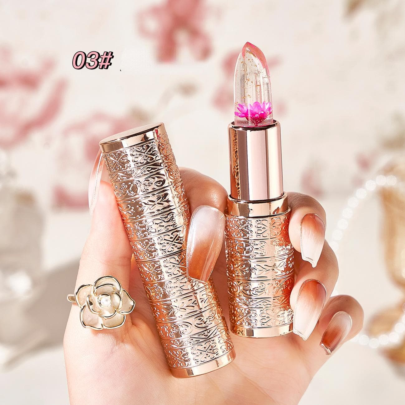 3 Color Long Lasting Temperature Color Changing Lip Balm Crystal Jelly Flower Lipstick Gloss Transparent Moisturize Lips Makeup Cosmetic 03#