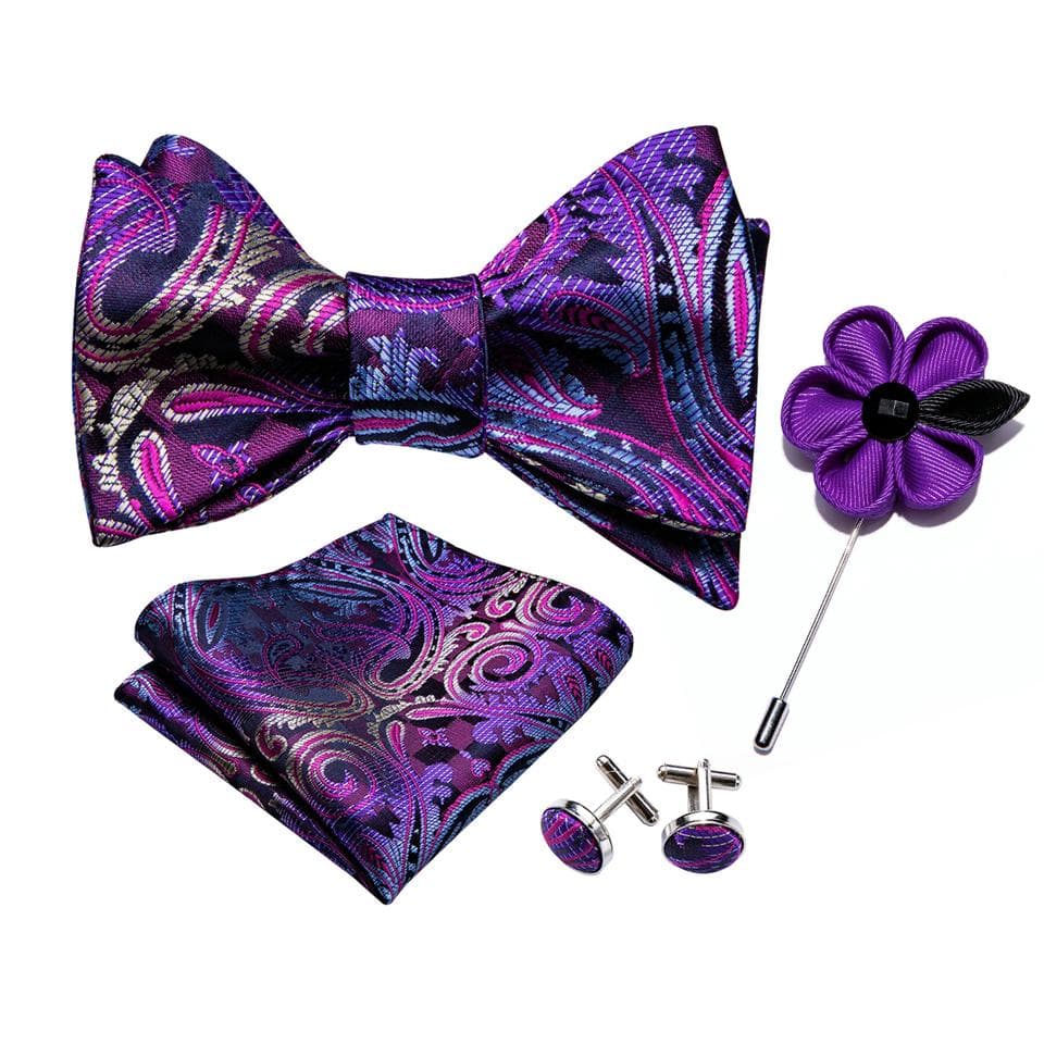 Cool Mens Self Bow Tie Hanky Cufflinks Boutonniere Purple Silk Butterfly Tie Bowtie Wedding Dating LH-1001