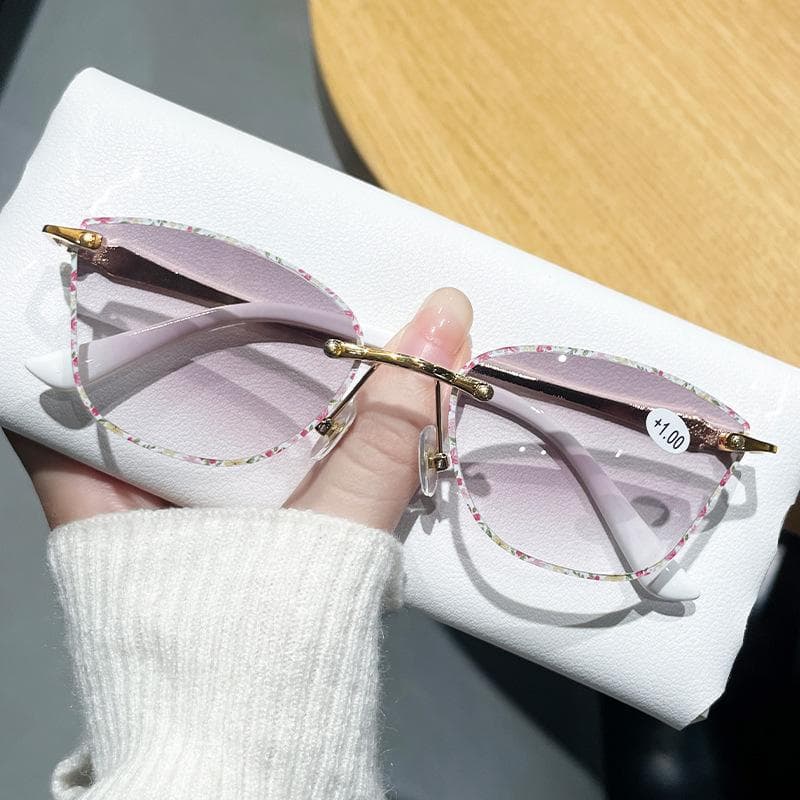 Small Frame Sunahde Cutting Frameless Presbyopia Glasses Women Cat Eyes Reading Sunglasses +1.0 to +3.5 3.5
