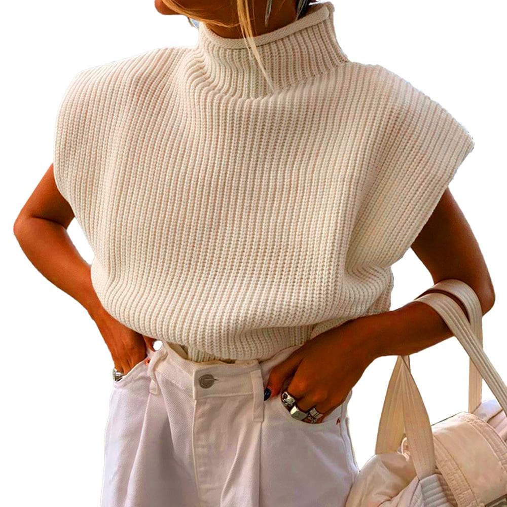 Women s Short Sleeve Sweater Vest Y2k Sleeveless Sweater Tops Turtleneck Ribbed Knit Sweater Dressy S beige