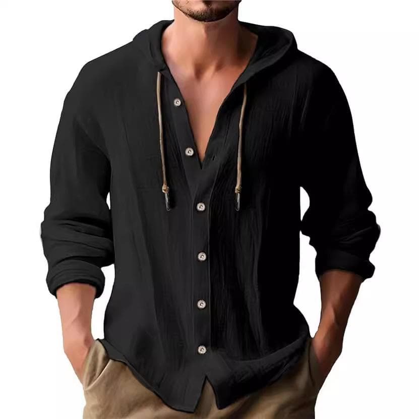 2025 New Men's Hooded T-shirt, Solid-color Cotton and Linen Men's Casual Long-sleeved Top XL black