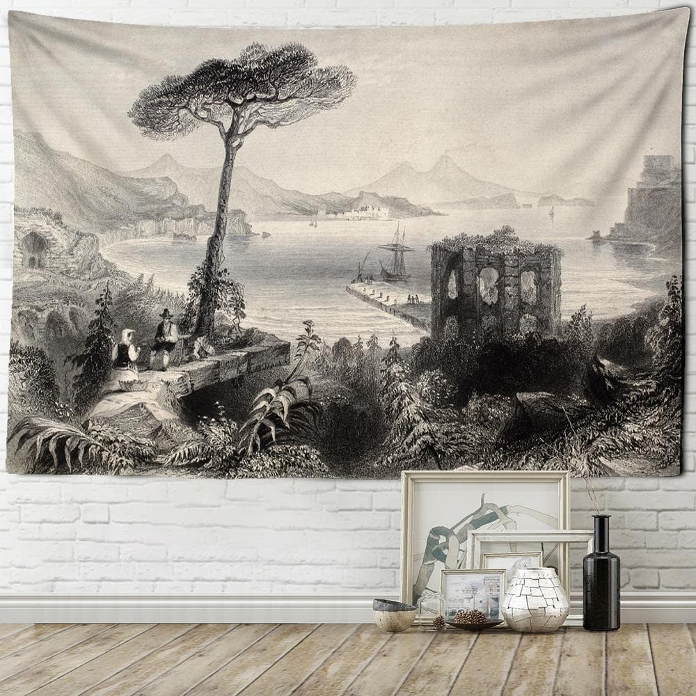 European Port Black And White Wash Painting Tapestry Wall Hanging Pine Psychedelic Bohemian Hippie Bedroom Decor 95x70CM