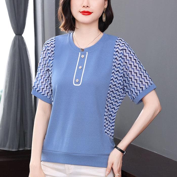 Short-sleeved T-shirt for Women's New Style of Mother Summer Dress Fashionable Middle-aged Age-reducing Loose Large-size Women's Top 4XL blue